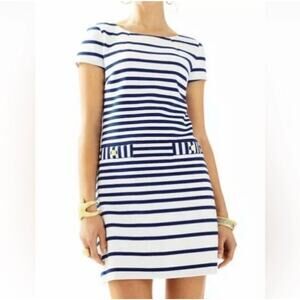 Lilly Pulitzer Navy White Stripe Sheath Dress Small Gold Zip Nautical Preppy EUC